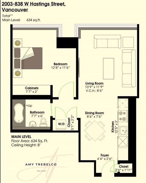 Floor plan for 1 bed, 1 bath, 643 sqft